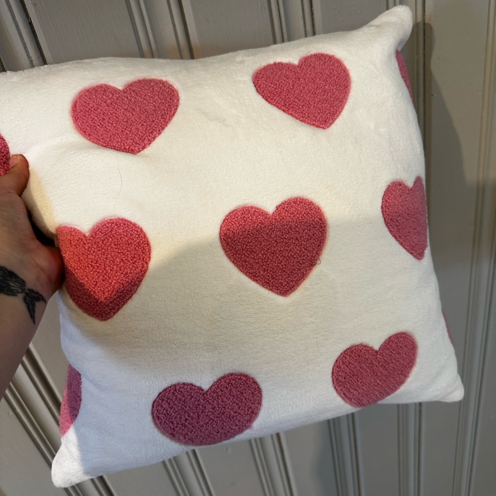 Cream Throw Pillow with Pink Heart Tufted Pattern
